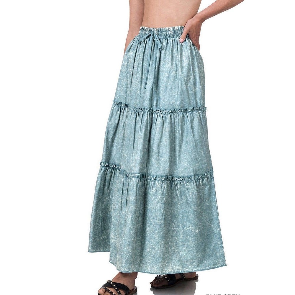 Zenana Maxi Skirt Women LG Blue Acid Wash Tiered Cotton Ruffle Western Boho‎